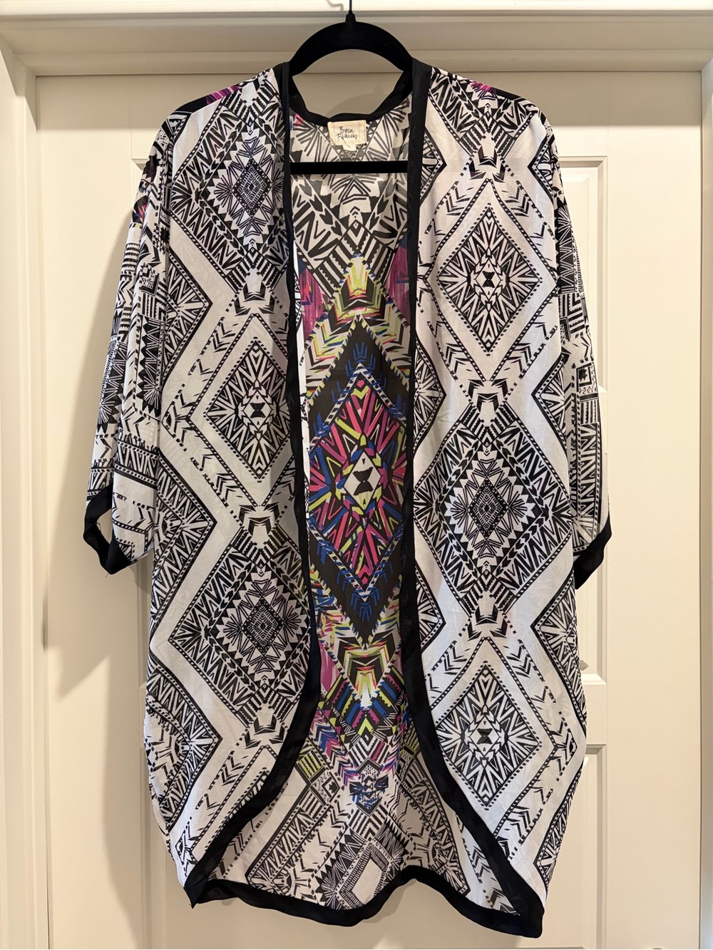 Born Famous Geometric Black & White Open Kimono with Colorful Center Panel